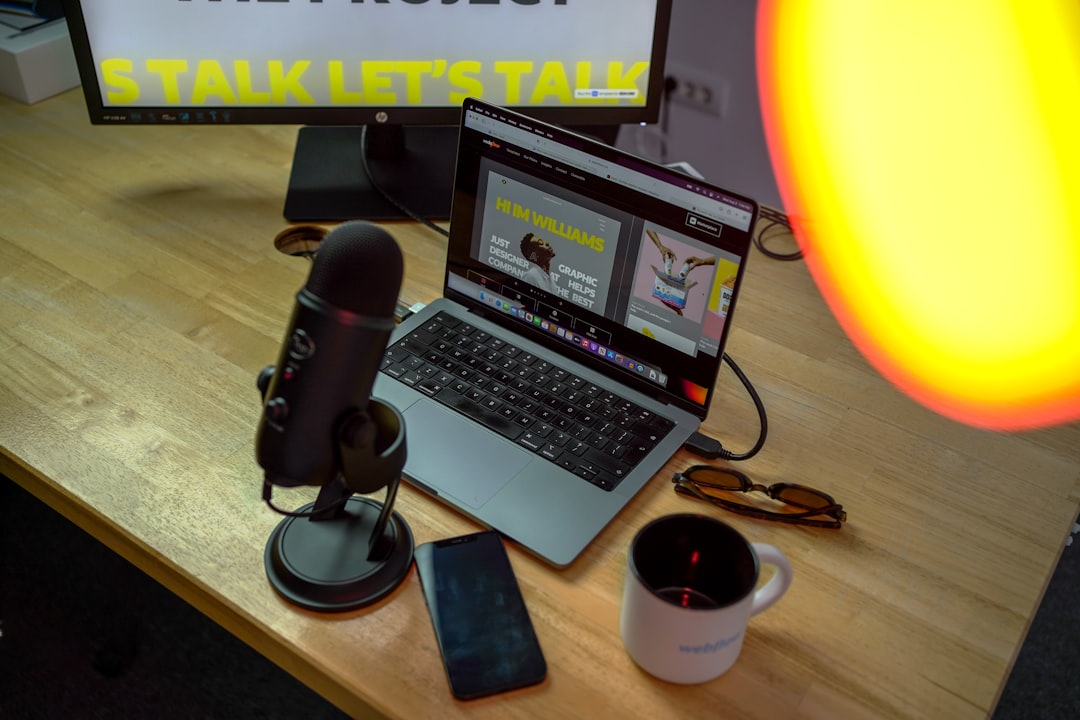 Home Mini Podcast, laptop and monitor working office, vlogging, youtube, office, web design, mug with webflow logo